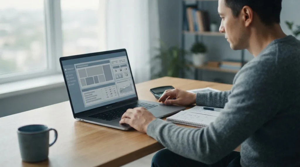 Analytischer Blick auf Sportwetten-Einzahlungen: Laptop, Taschenrechner und Notizen auf einem Schreibtisch