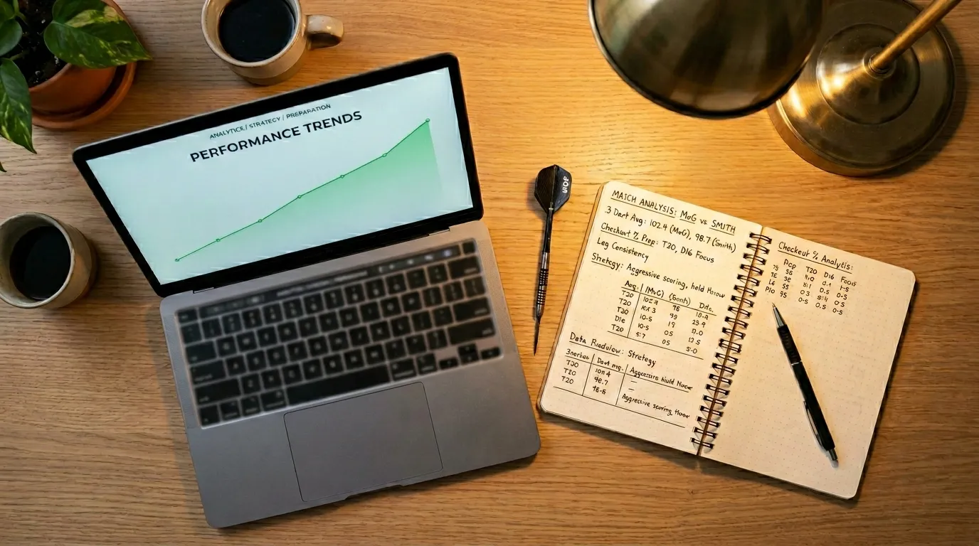 Person analysiert Darts Statistiken auf Laptop für Wettstrategie