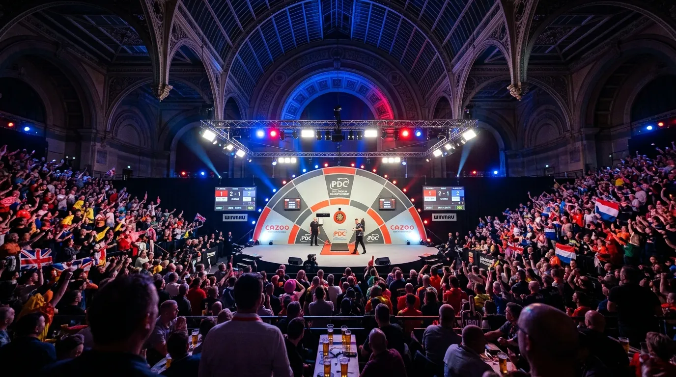 Darts WM im Alexandra Palace mit beleuchteter Bühne und Publikum