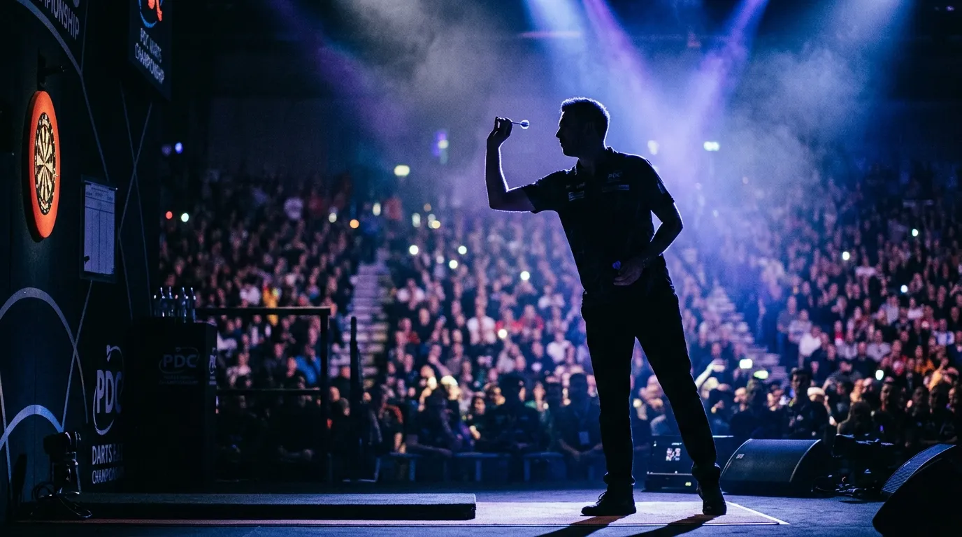 Professioneller Darts Spieler bei der PDC World Championship unter Scheinwerferlicht