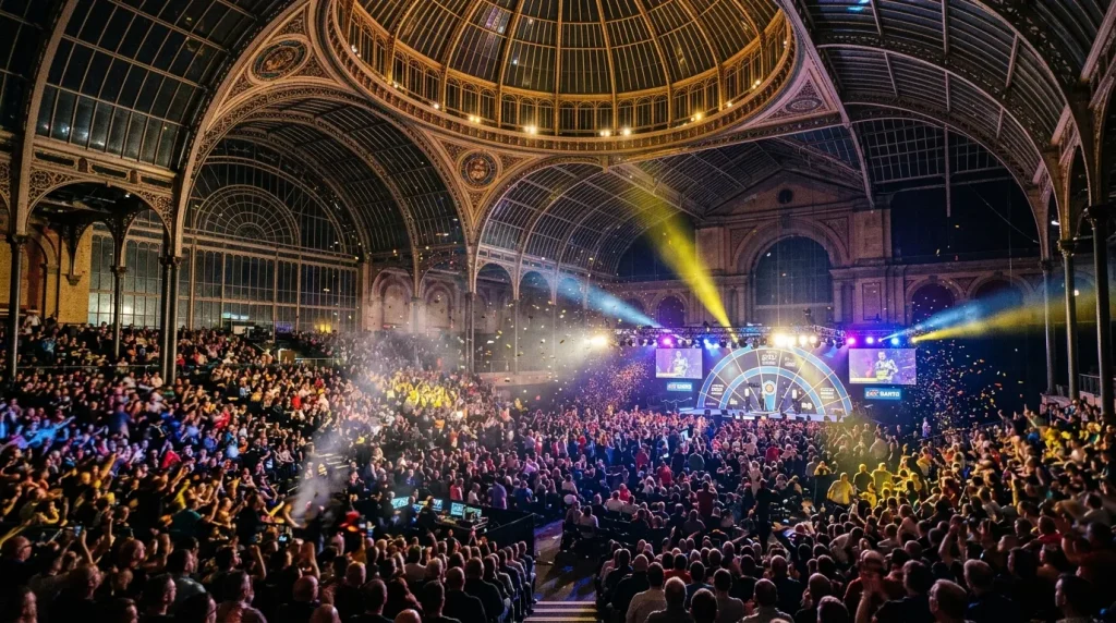 Alexandra Palace Innenansicht mit Darts-Bühne und Publikum