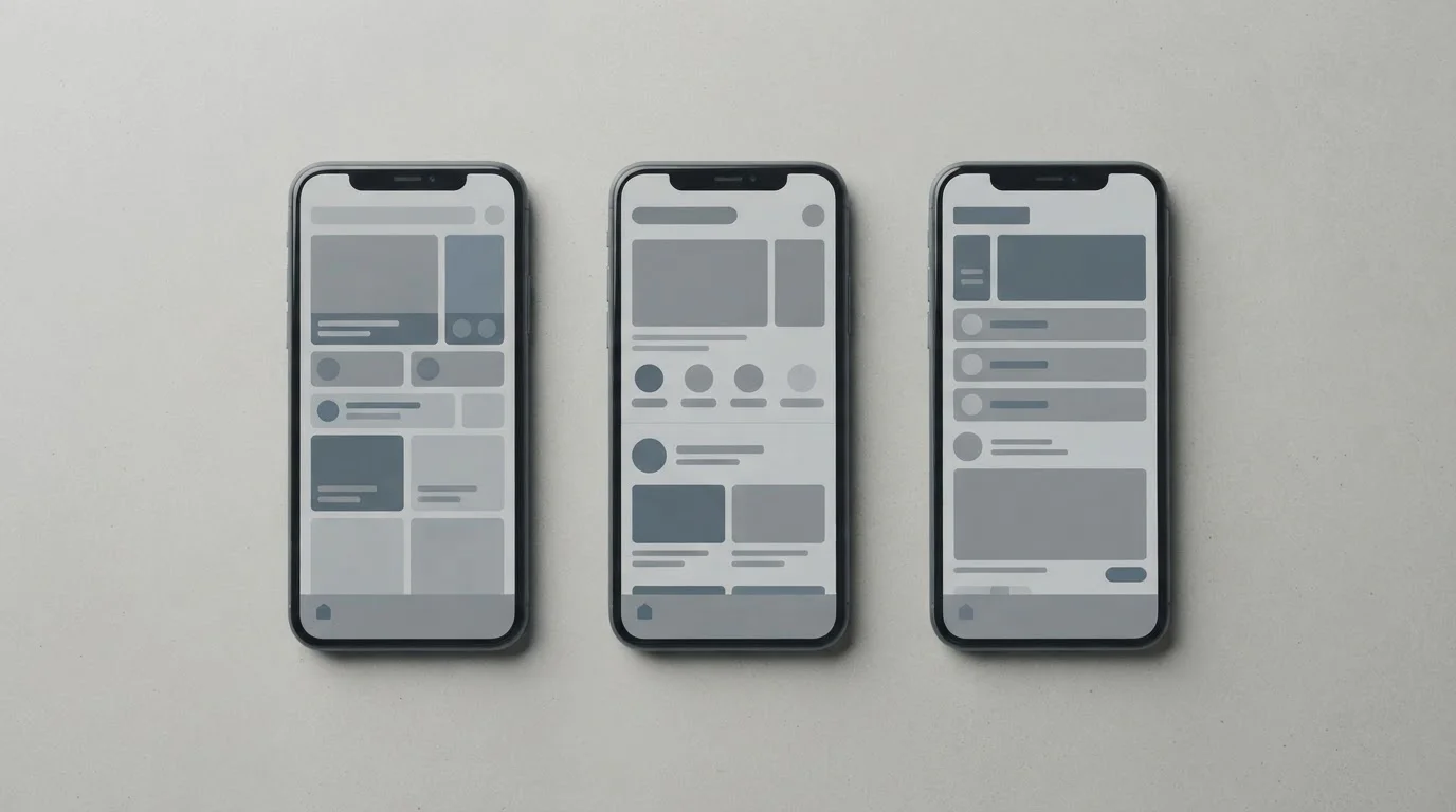Mehrere Smartphones nebeneinander auf neutralem Untergrund mit abstrakten App-Oberflächen