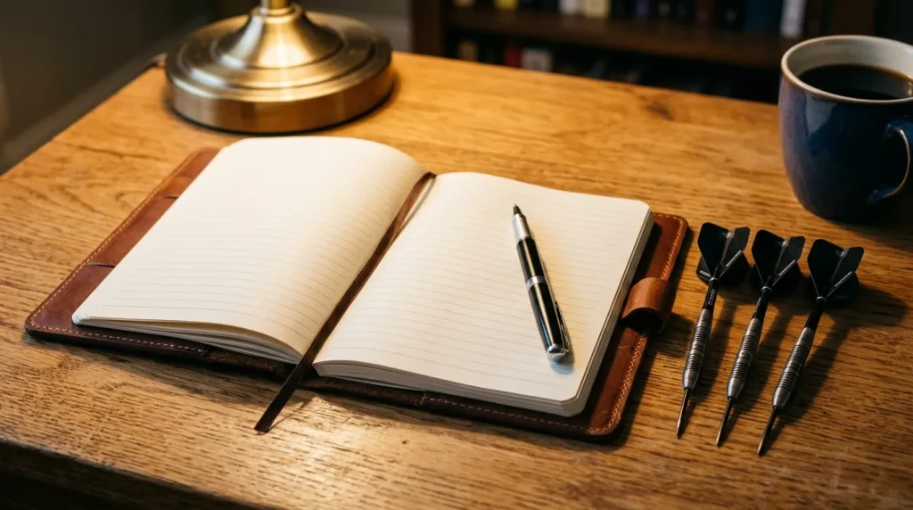 Notizbuch mit Wettstrategie neben Darts