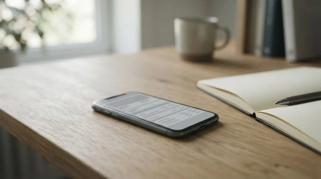 Smartphone mit abstrakter Wett-App-Oberfläche auf einem aufgeräumten Schreibtisch neben Notizen