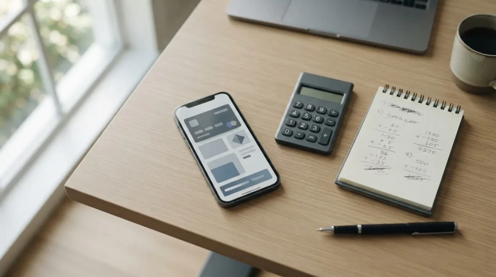 Smartphone mit neutraler Zahlungsschnittstelle und Taschenrechner auf minimalistischem Schreibtisch