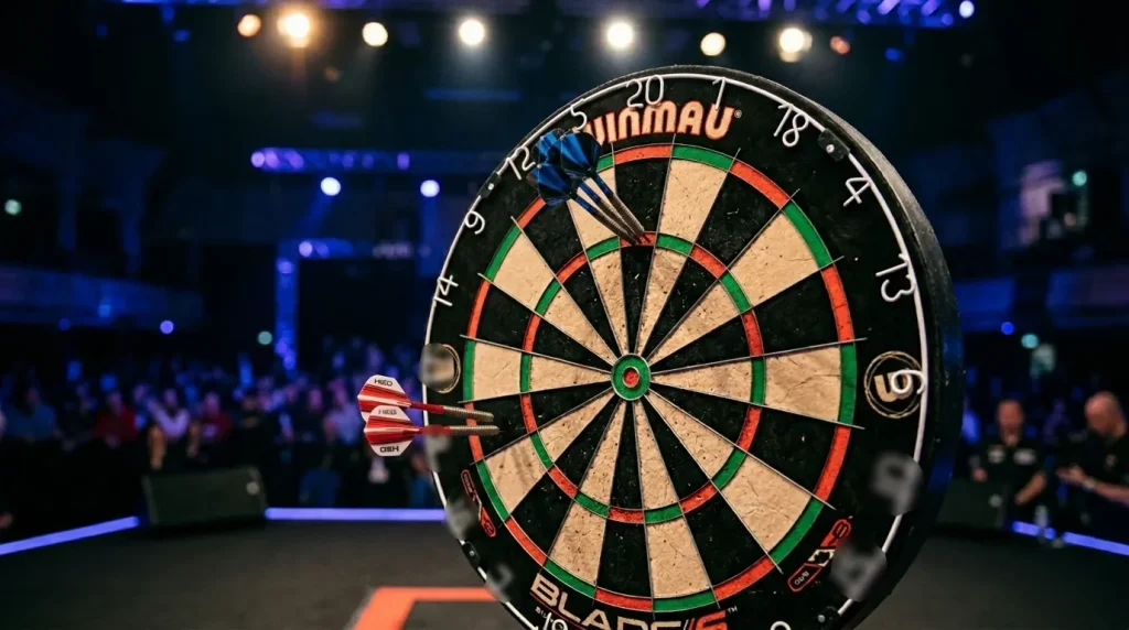 Dartscheibe mit Darts und Spielstand im Hintergrund