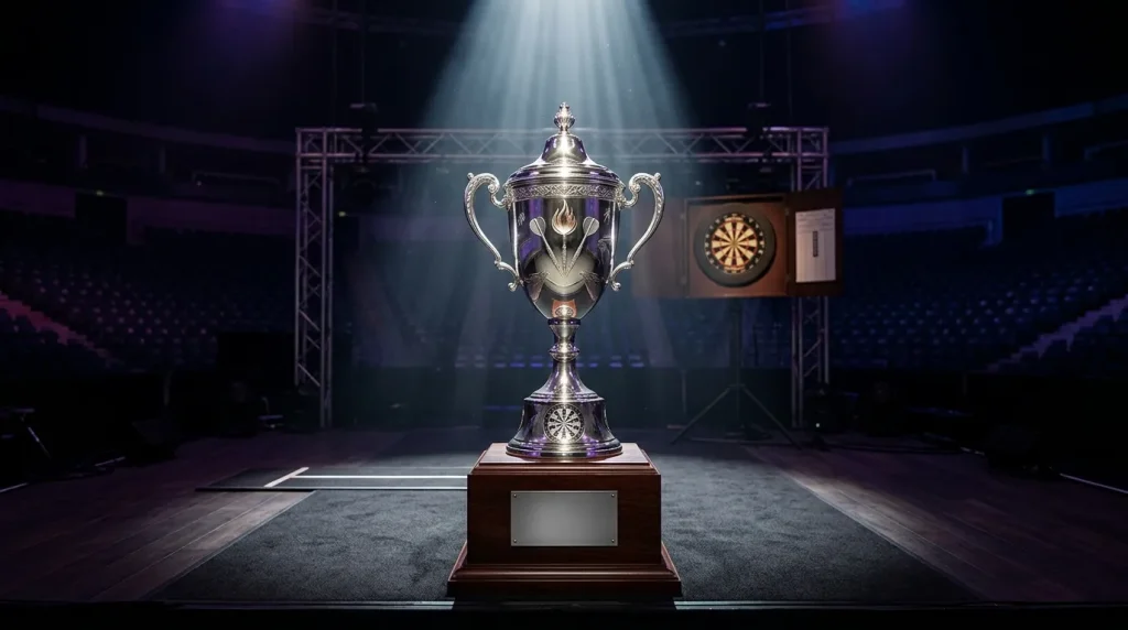 Darts-WM-Pokal auf der Bühne mit dramatischer Beleuchtung