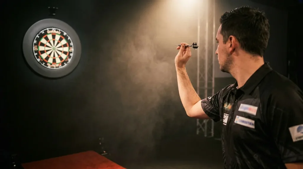 Darts-Spieler am Oche mit Dartscheibe