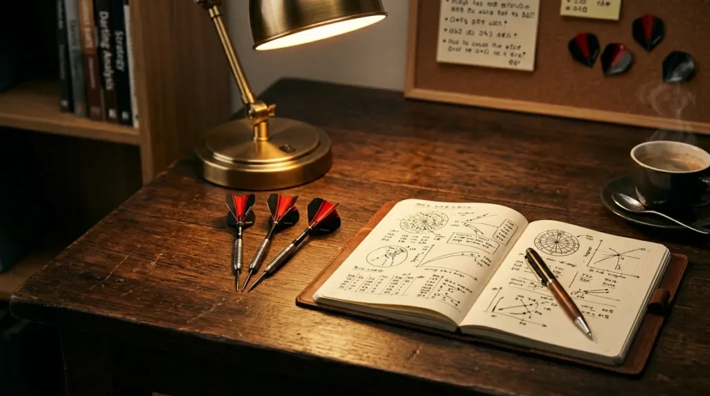 Darts auf einem Tisch mit Analyse-Notizen