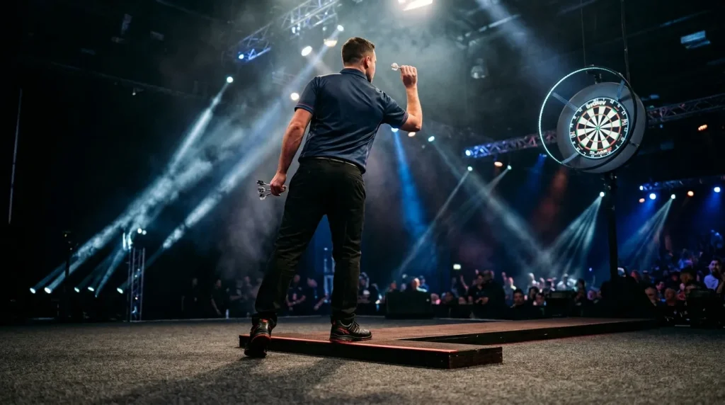 Darts-Match mit Spieler am Oche