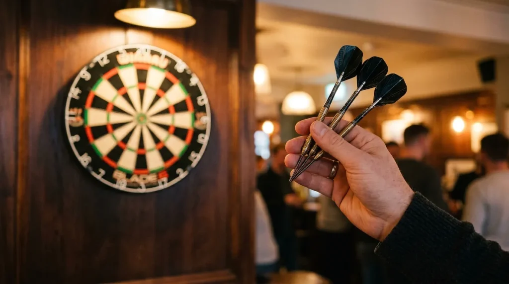 Hand hält Darts vor einer Dartscheibe