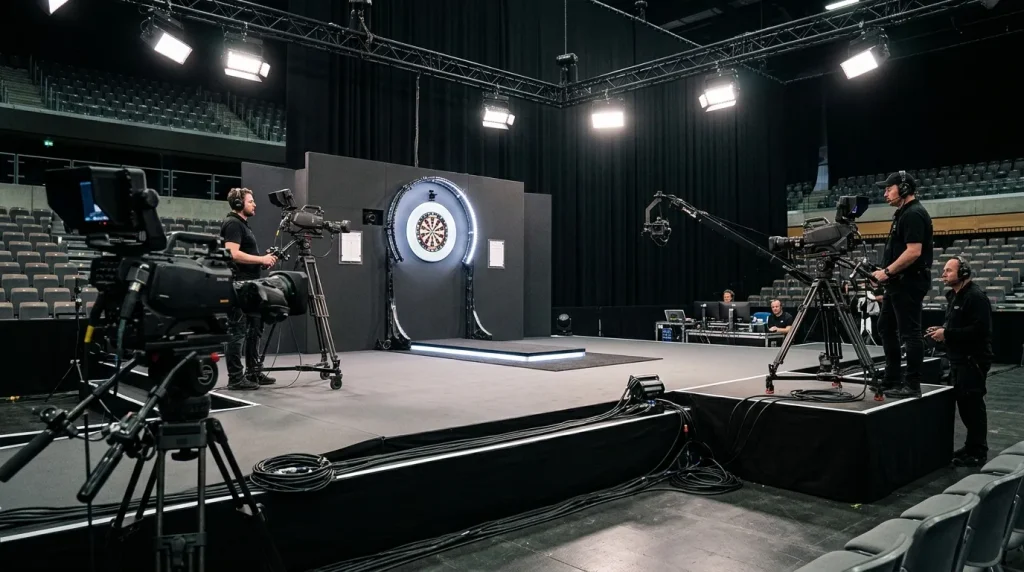 Darts-WM-Bühne mit TV-Kameras und Beleuchtung