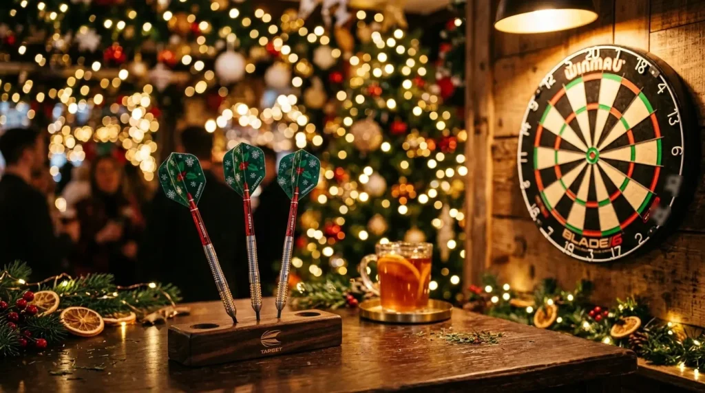 Darts-Pfeile und Dartscheibe mit festlicher Beleuchtung
