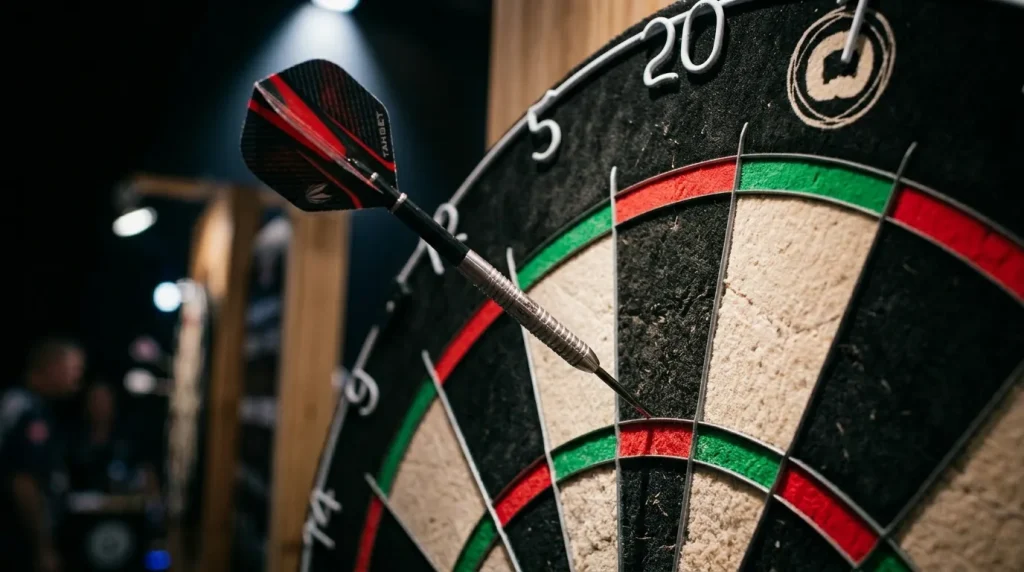 Nahaufnahme einer Dartscheibe mit Darts im Doppelfeld