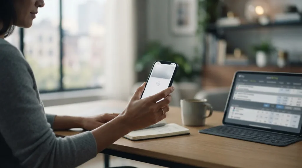Smartphone mit Apple Pay-Symbol auf neutralem Hintergrund neben abstraktem Sportwetten-Interface