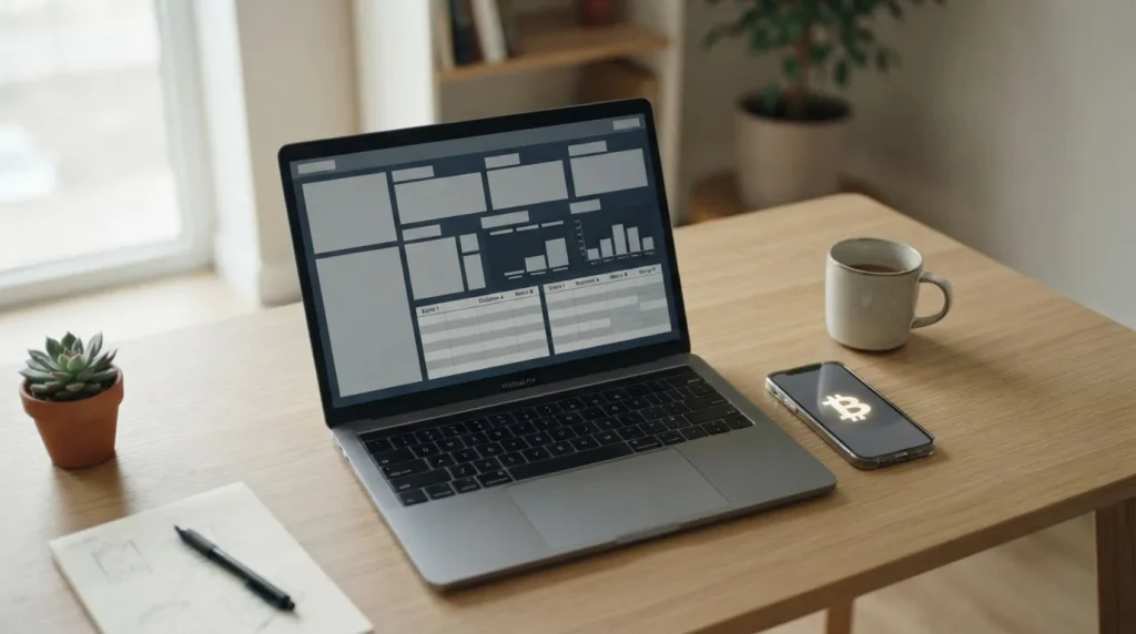 Bitcoin-Symbol und Laptop mit abstraktem Wettinterface auf neutralem Schreibtisch