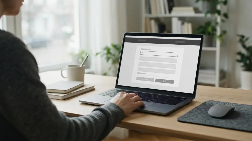 Laptop auf modernem Schreibtisch zeigt abstraktes Zahlungsinterface für Online-Wettanbieter