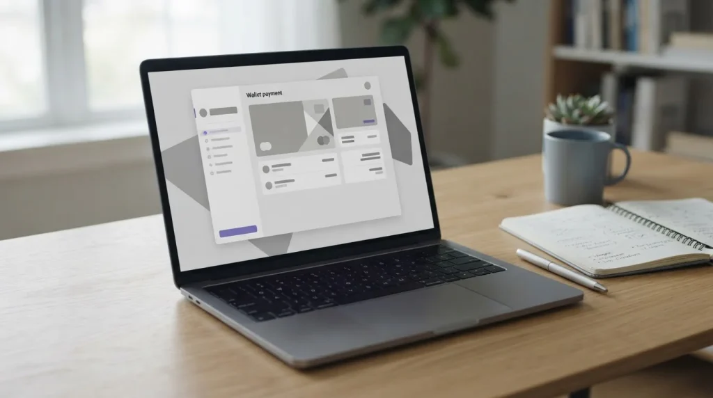 Laptop mit abstraktem Zahlungsinterface und Vergleichsübersicht für Skrill-Wettanbieter in Deutschland
