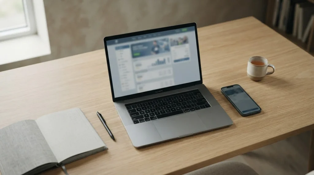 Laptop mit Trustly-Zahlungsschnittstelle für Sportwetten auf aufgeräumtem Schreibtisch