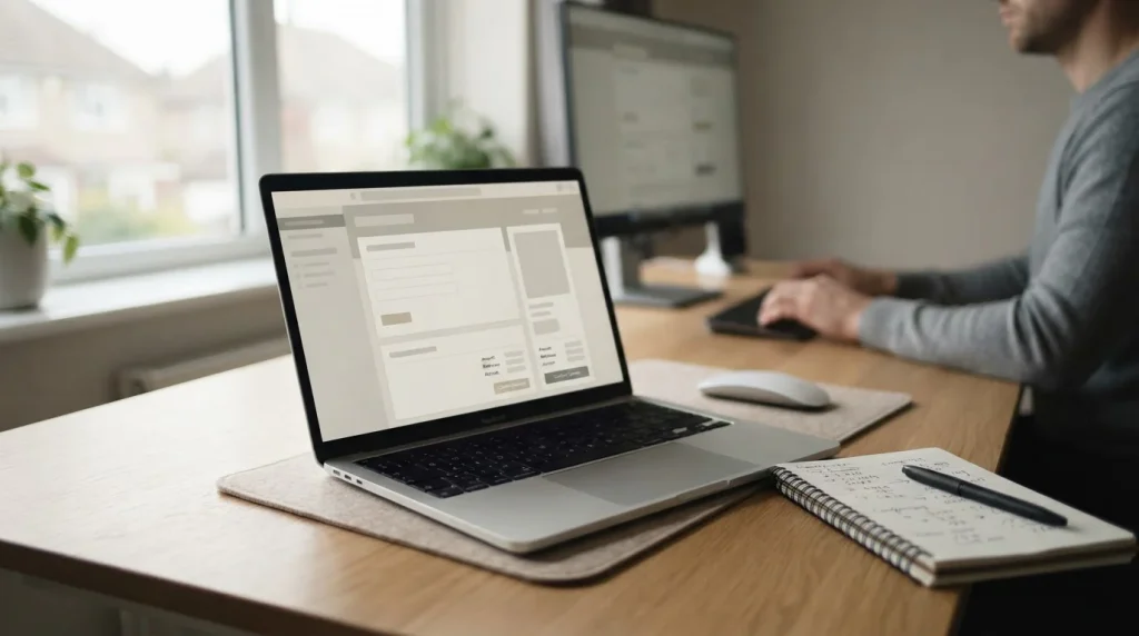 Analytischer Arbeitsplatz mit Laptop und Notizen zur Bewertung von Zahlungsmethoden bei Wettanbietern