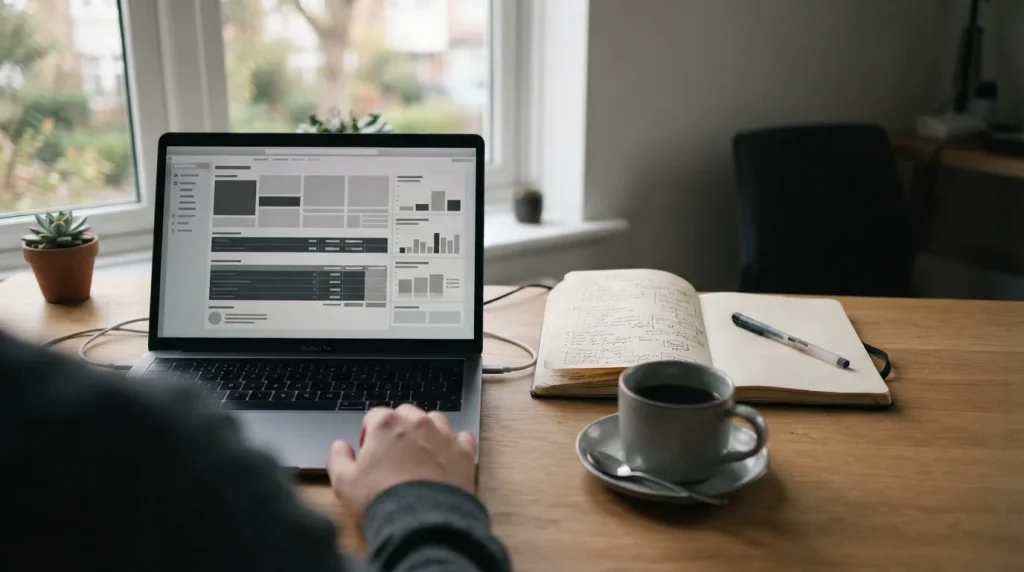 Arbeitsplatz mit Laptop und Notizen zur Analyse von Wettanbietern