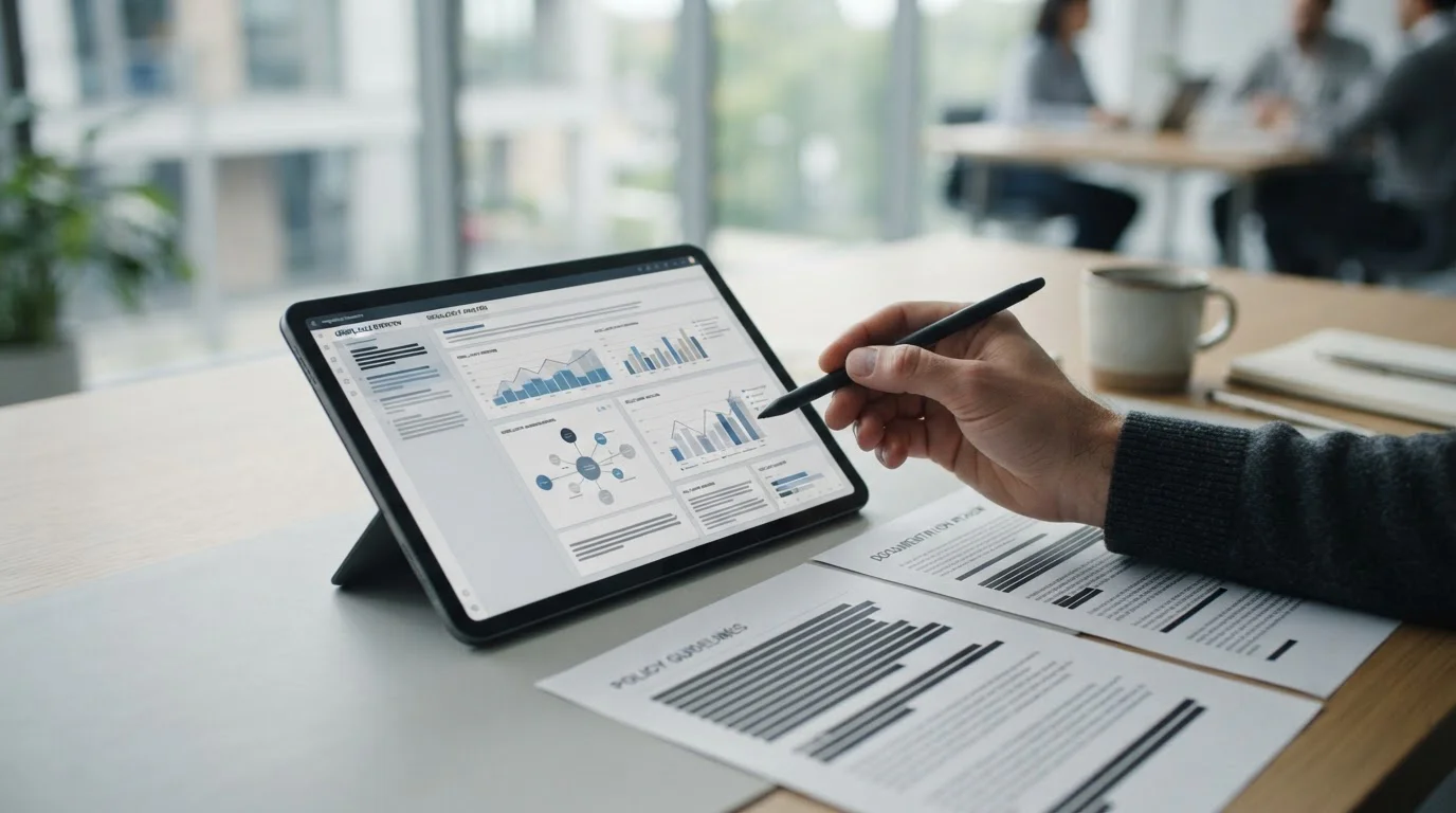 Dokumente und Tablet mit abstrakten Regulierungsinformationen auf Schreibtisch