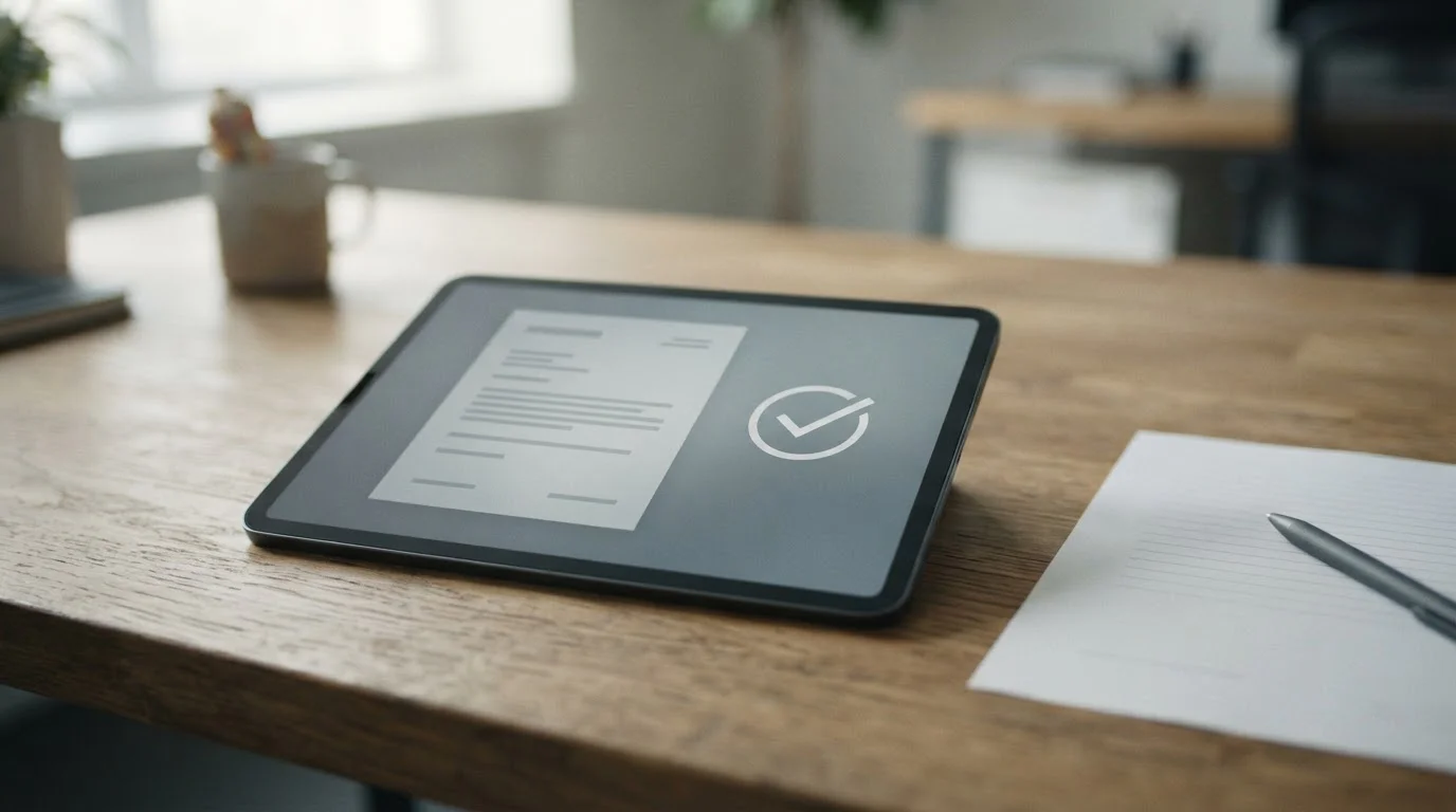 Offizielles Dokument mit Prüfsiegel-Symbol neben Tablet auf Schreibtisch