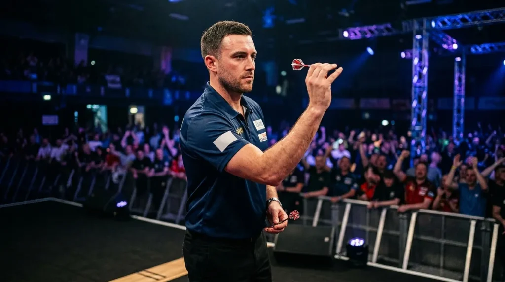 Luke Humphries konzentriert am Darts-Board