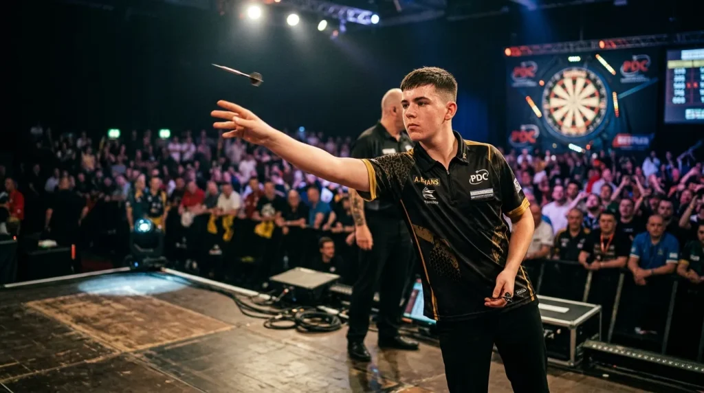 Luke Littler wirft Darts bei der WM 2026