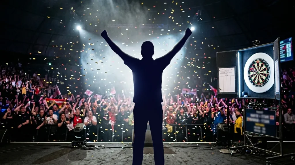 Deutscher Darts-Spieler auf der Turnierbühne