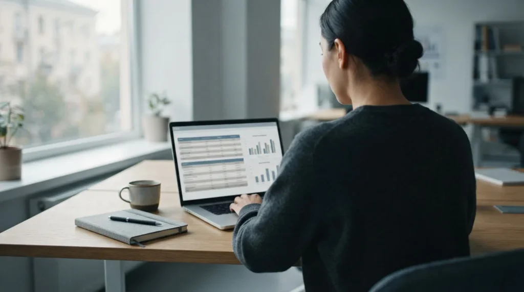 Person analysiert neue Wettanbieter auf Laptop vor neutralem Hintergrund