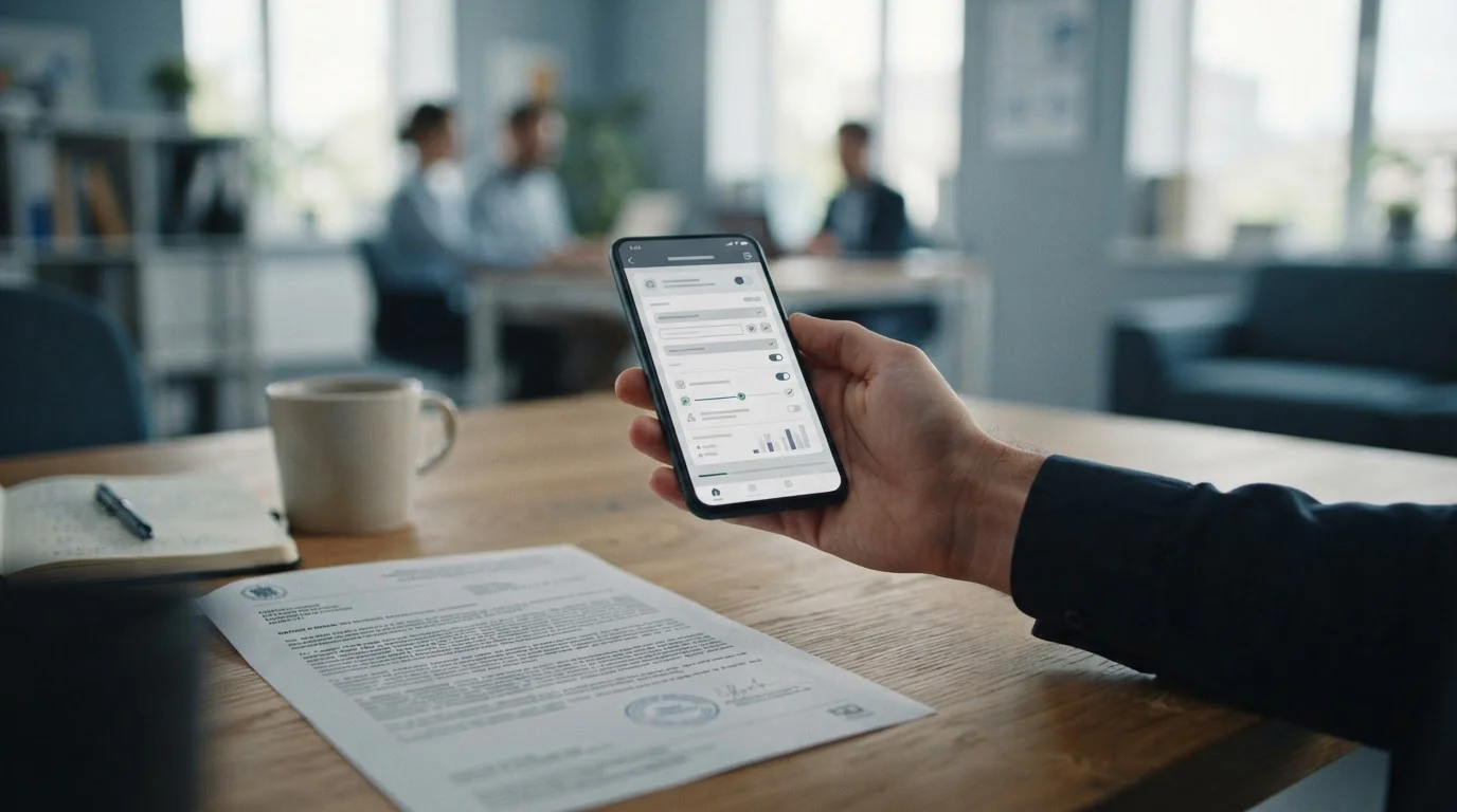 Smartphone mit Verifizierungsprozess und offiziellem Dokument im Hintergrund