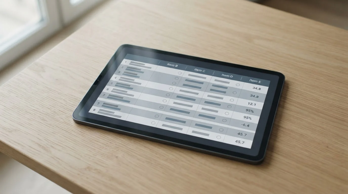 Vergleichstabelle mit neutralen Bewertungskriterien auf Tablet-Bildschirm