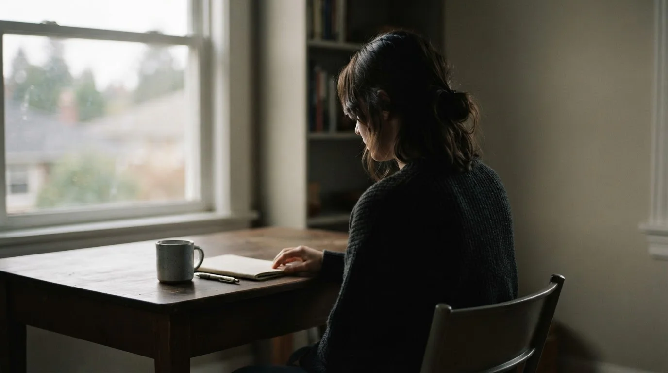 Person von hinten am Schreibtisch mit leerer Kaffeetasse, reflektiert über Entscheidungen