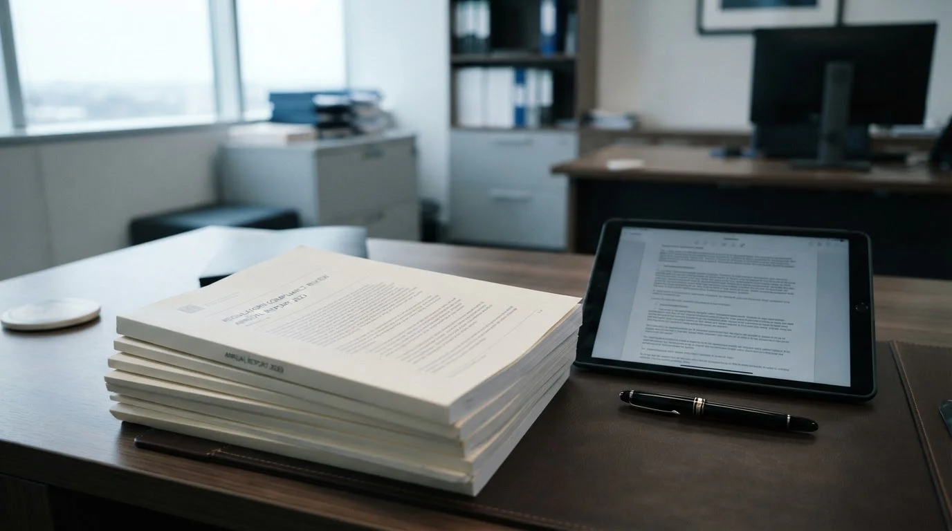 Offizielle Dokumente und Tablet mit Gesetzestexten auf Schreibtisch