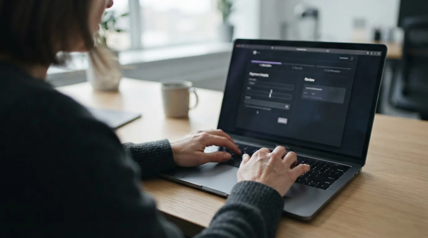 Nahaufnahme einer Skrill-Einzahlung am Computer mit abstrakten Interface-Elementen