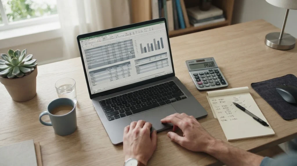 Vergleichstabelle von Sportwetten-Anbietern auf Laptop mit Taschenrechner und Notizen
