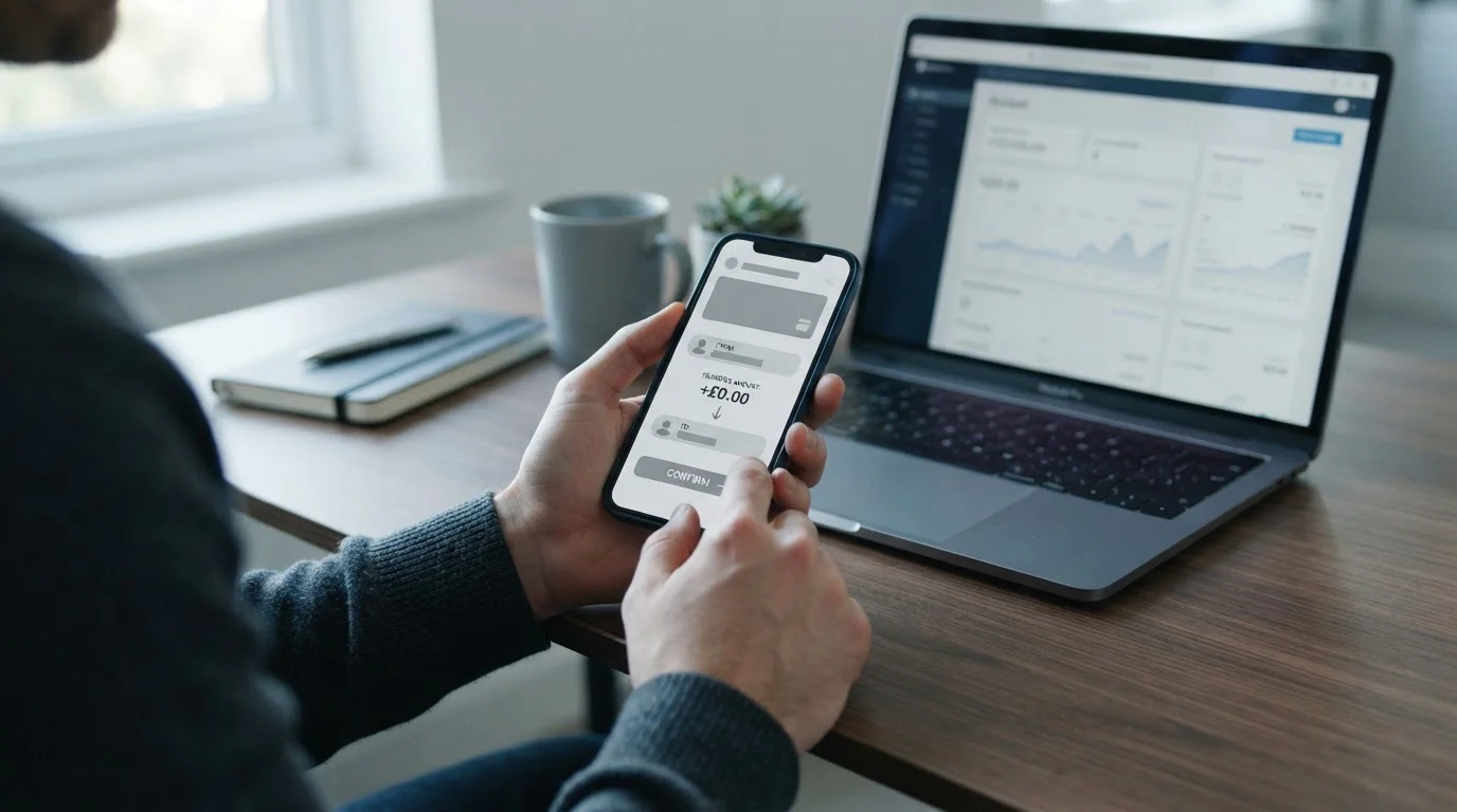 Smartphone mit Trustly-Zahlungsprozess zwischen Banking-App und Wettkonto