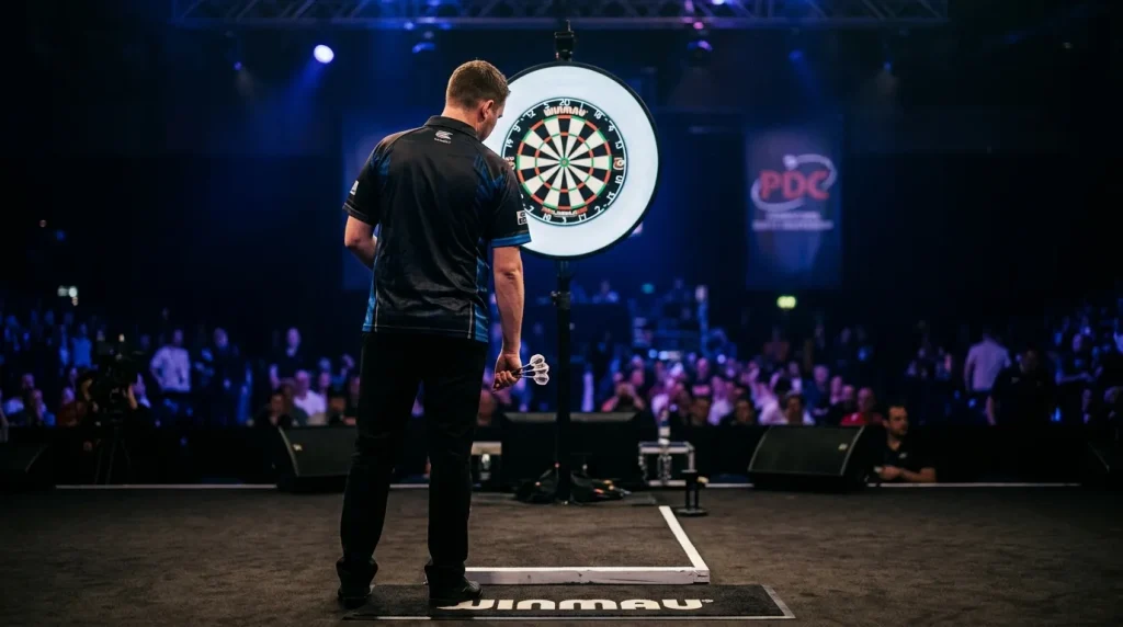 Darts-Spieler analysiert seine Strategie vor dem Wurf