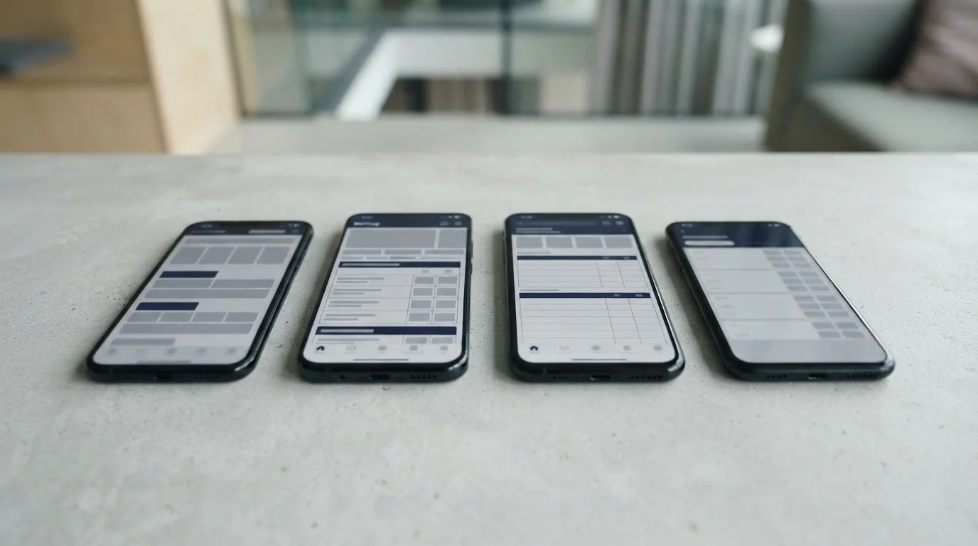 Mehrere Smartphones nebeneinander zur Darstellung eines App-Vergleichs