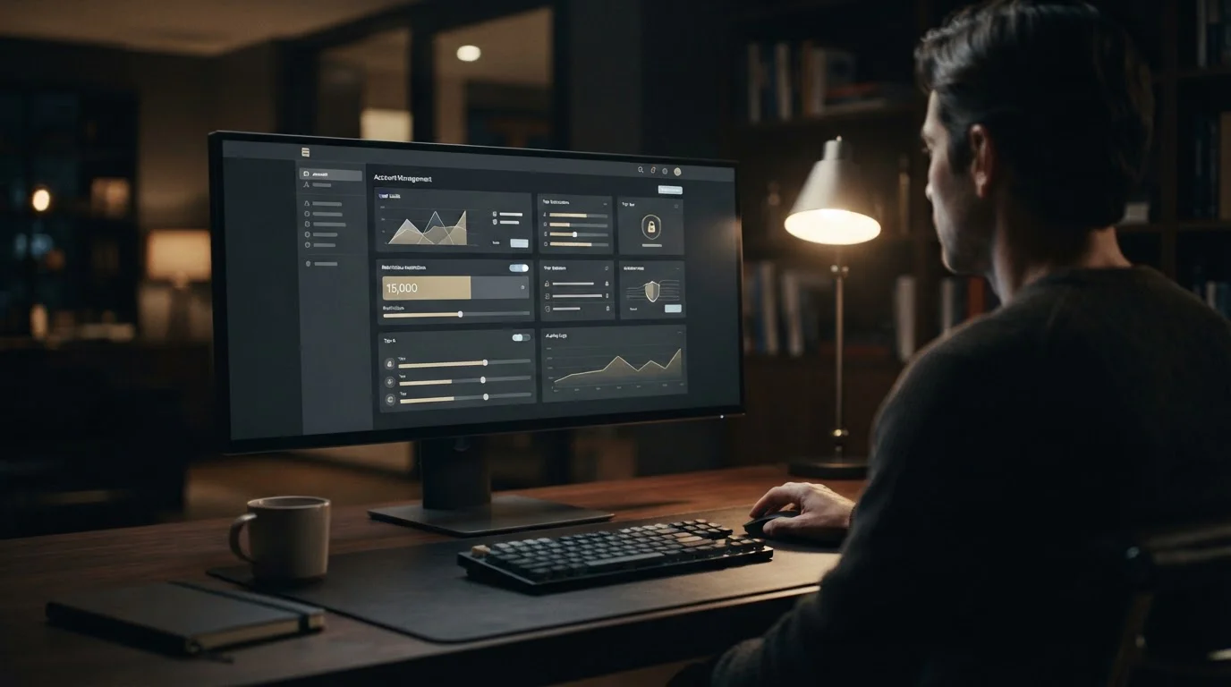 Desktop-Monitor zeigt Kontolimits und VIP-Einstellungen einer regulierten Wettplattform