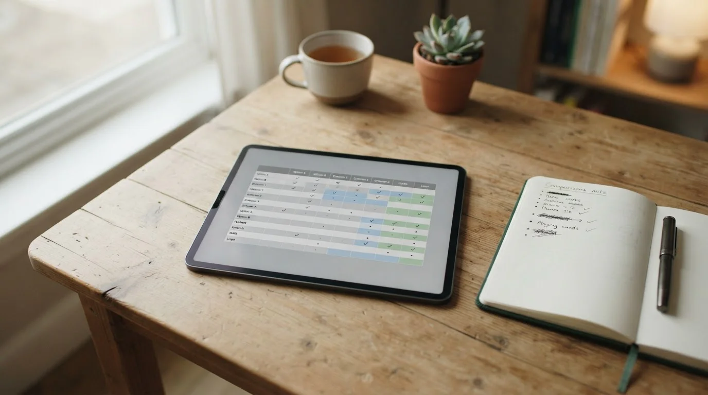 Arbeitsplatz mit Tablet und Notizen für den systematischen Vergleich von Wettanbietern