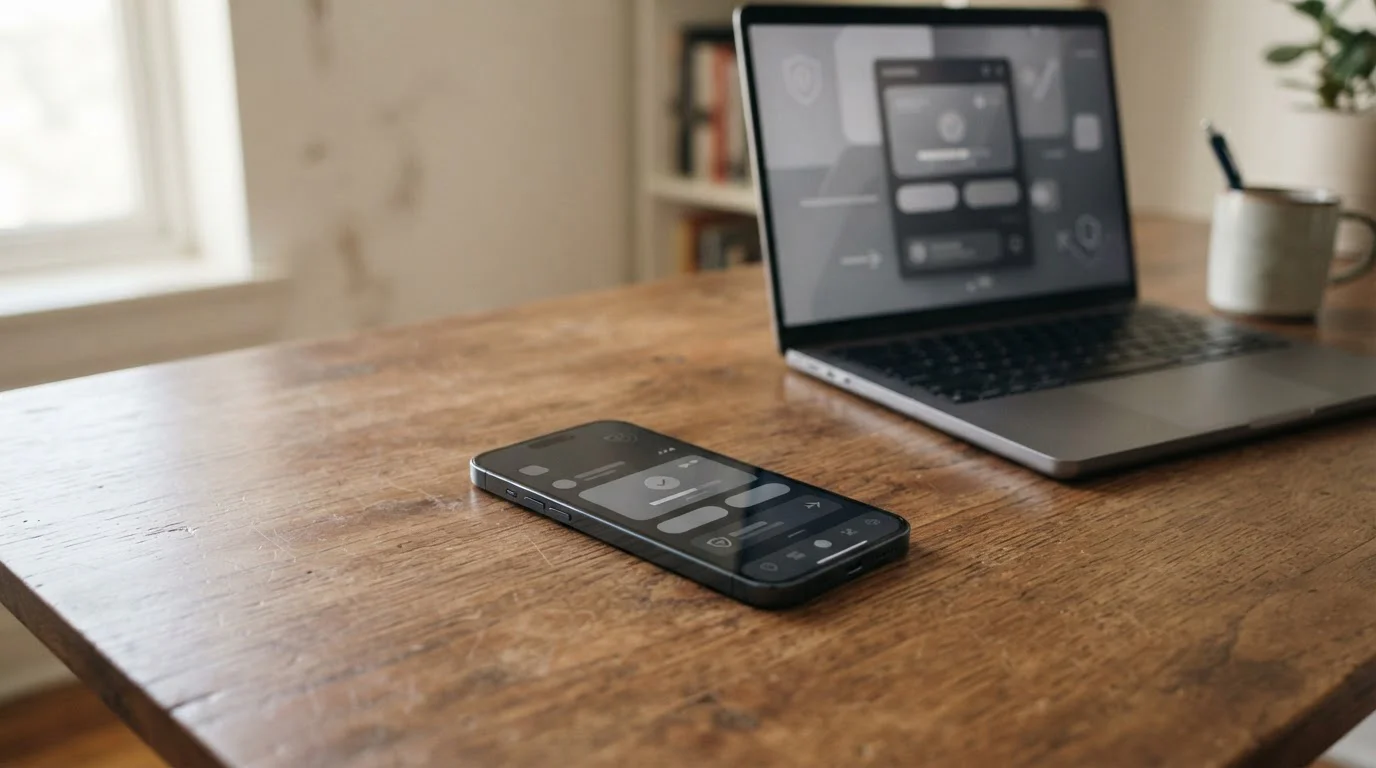 Smartphone mit neutraler Zahlungsschnittstelle auf einem Schreibtisch neben Laptop