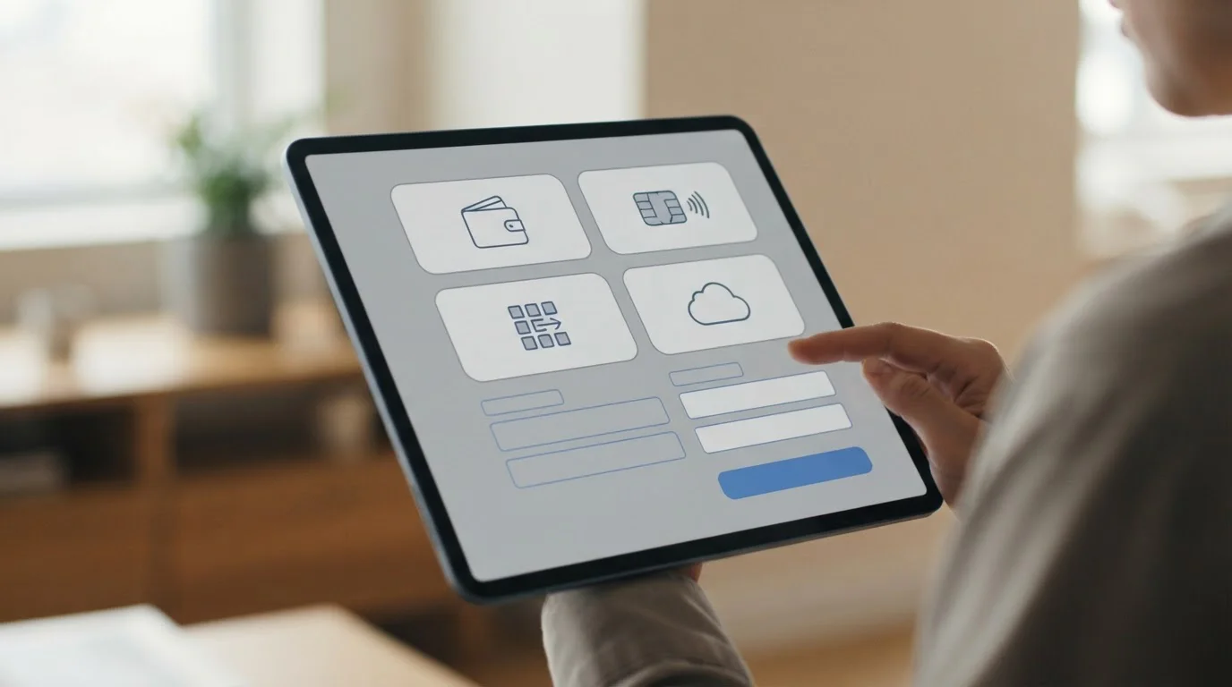 Abstrakte Darstellung digitaler Zahlungsmethoden auf einem Tablet-Display