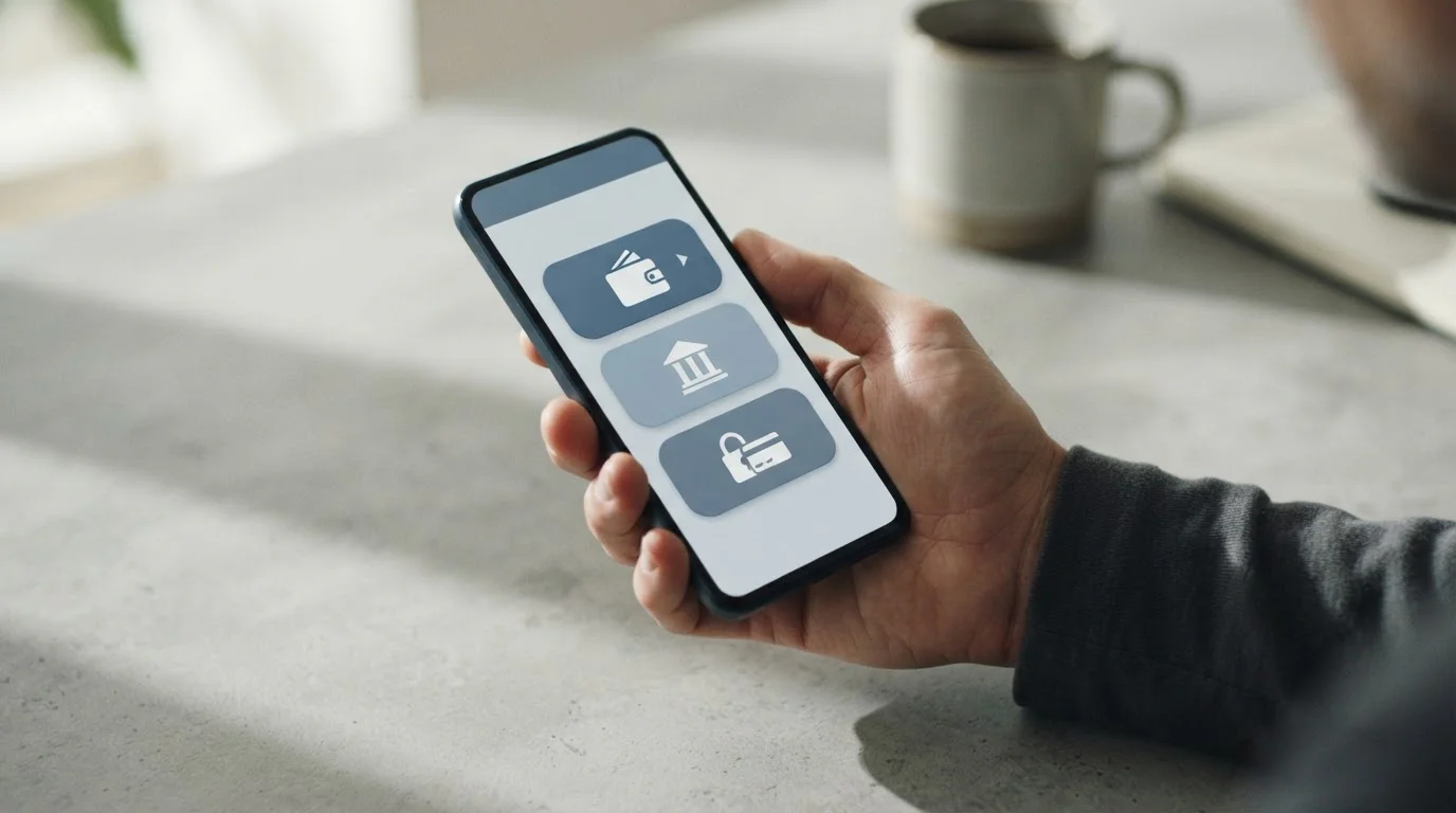 Smartphone mit abstrakten Zahlungsoptionen auf neutralem Interface